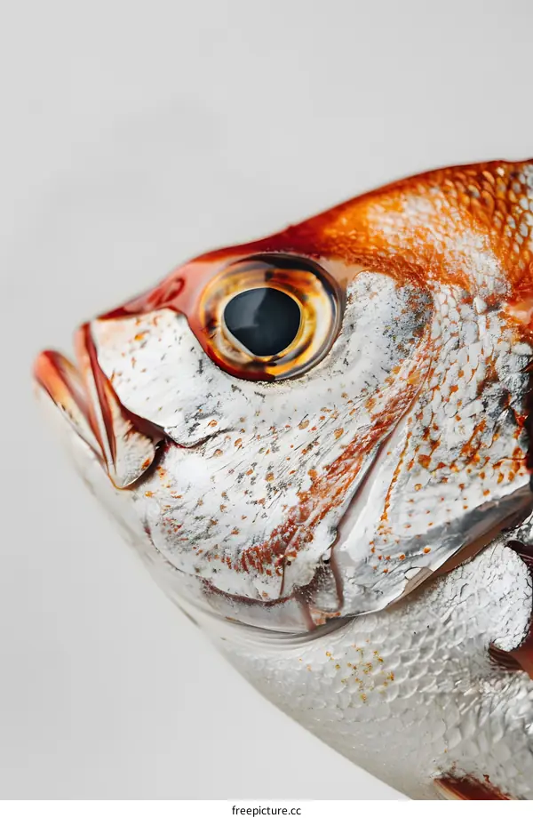 Close-up of a red fish head on a white background