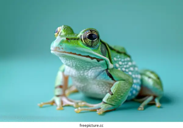 A green and black frog is sitting on a blue surface