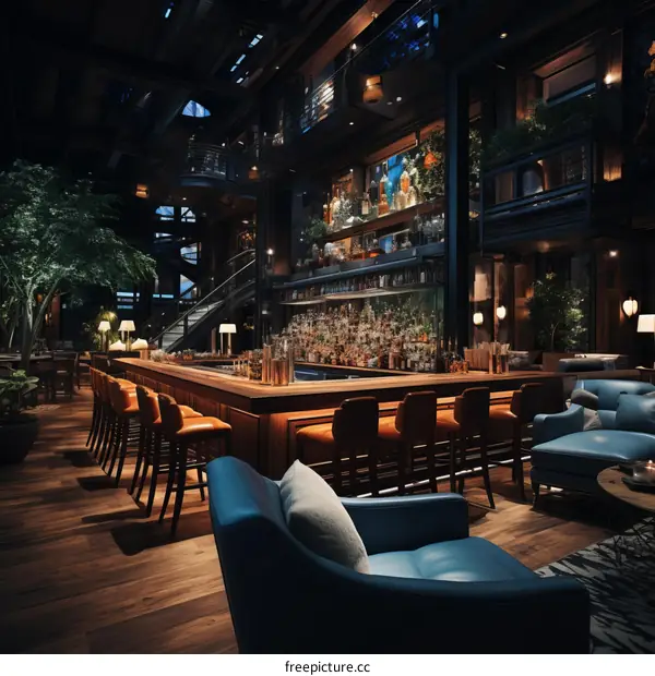 Luxurious Bar Interior with Blue Velvet Chairs and Wooden Bar Counter
