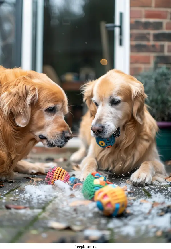 Golden Retrievers Playing with Toys in the Snow