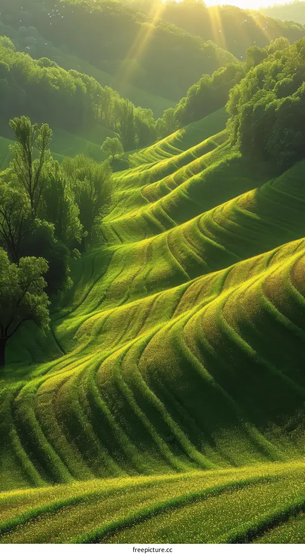 Tranquil Sunlight Bathes Rolling Green Hills