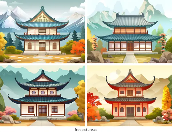 Chinese Architecture Illustration Set of Four Different Temples