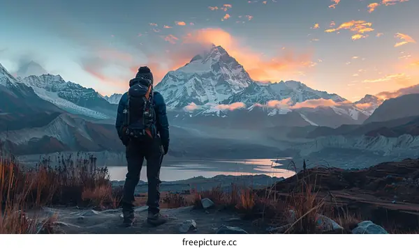Man looking at a beautiful mountain landscape with a lake in the foreground