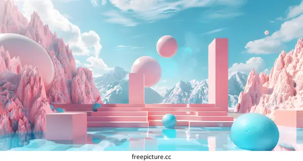 Pink and blue geometric shapes in a surreal landscape with mountains