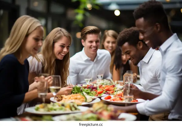 Multiethnic group of friends eating and laughing at a restaurant