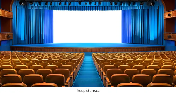 Empty Theater with Blue Curtains and White Screen