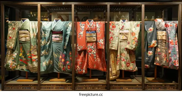 A variety of colorful kimono on display in a museum.