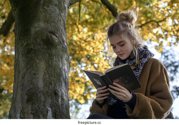 Young Woman Reading a Book in Autumn