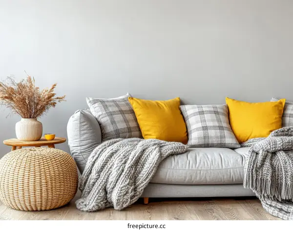 Cozy Gray Sofa with Yellow Pillows and Knitted Blanket