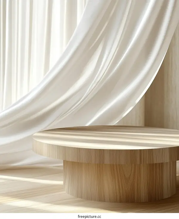Elegant Wooden Display Podium with Soft White Curtains