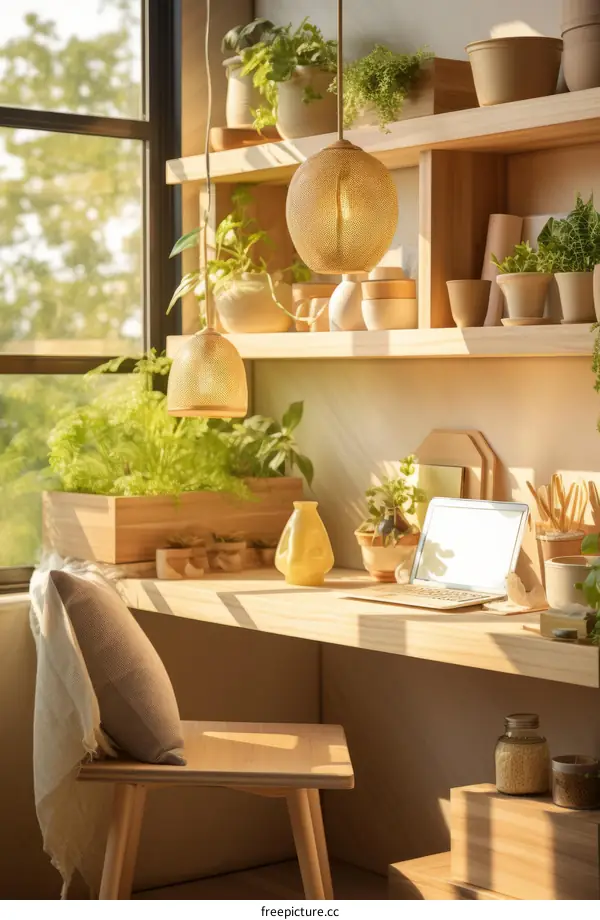 A cozy home office with a large desk, a comfortable chair, and plenty of plants