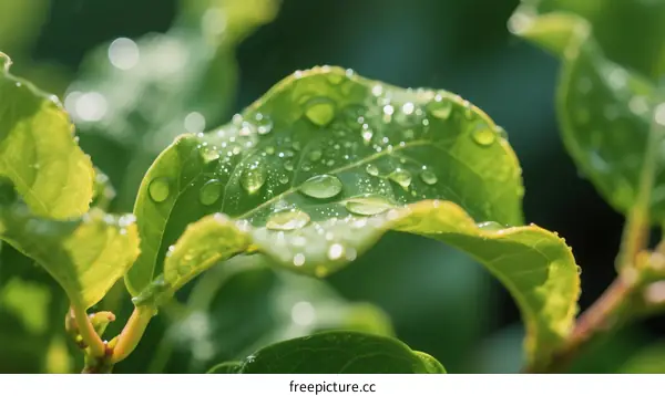 Fresh Green Leaves with Water Droplets in Sunlight