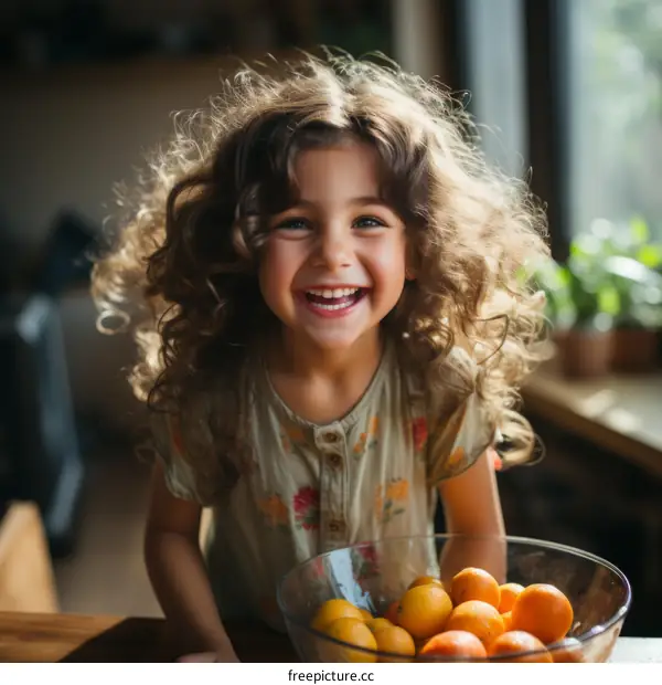 Portrait of a happy little girl with curly hair and a bowl of oranges