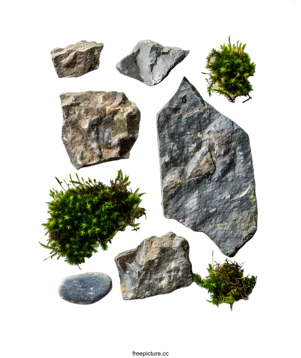 [Transparent Background PNG]Flat Lay of Rocks and Moss on White Background