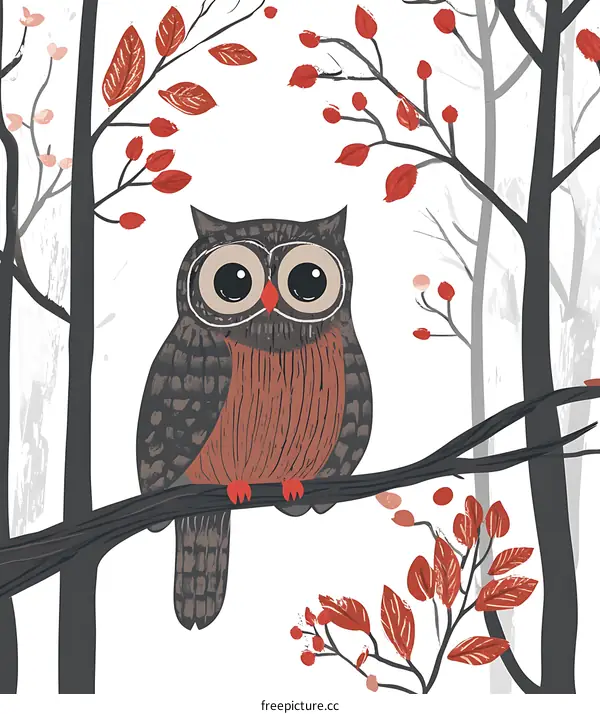 Cute Owl Sitting On Branch In Forest Illustration
