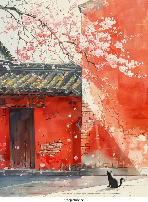 A black cat sitting under a cherry blossom tree in front of a red wall