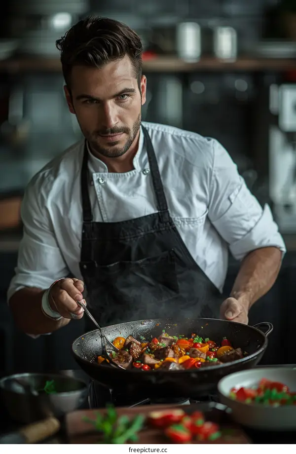 Handsome male chef is cooking with a pan