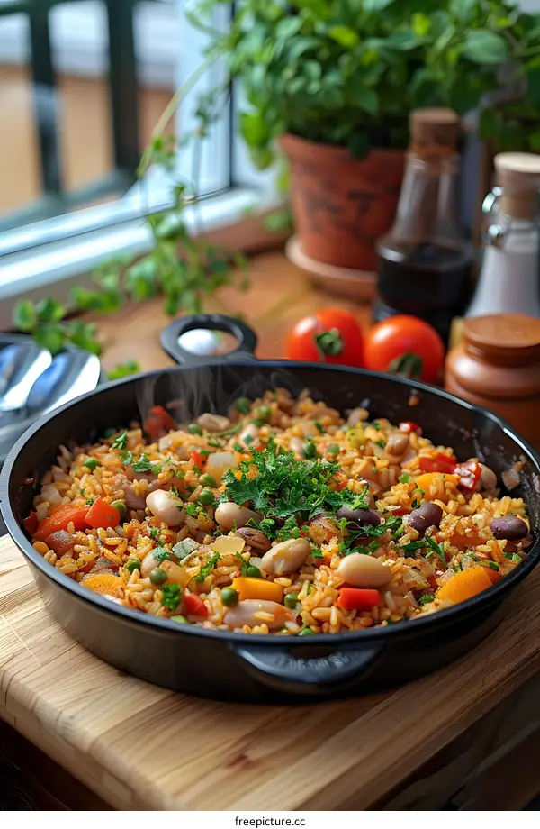 Closeup of Steaming Rice Dish with Beans and Vegetables in a Black Skillet