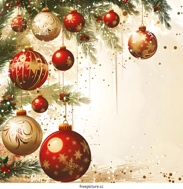 Christmas Tree With Red And Golden Balls And Holly Berries