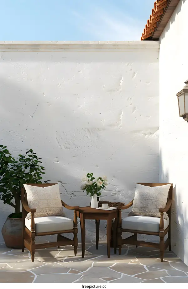 Two Chairs And A Table In A White Patio