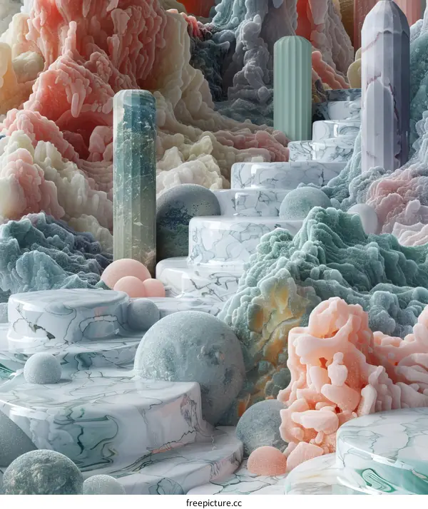 Pink and blue abstract landscape with stairs and rocks