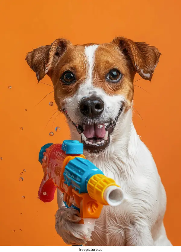 A wet dog holding a water gun