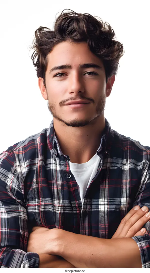 Portrait of a Young Man with Curly Hair and a Plaid Shirt