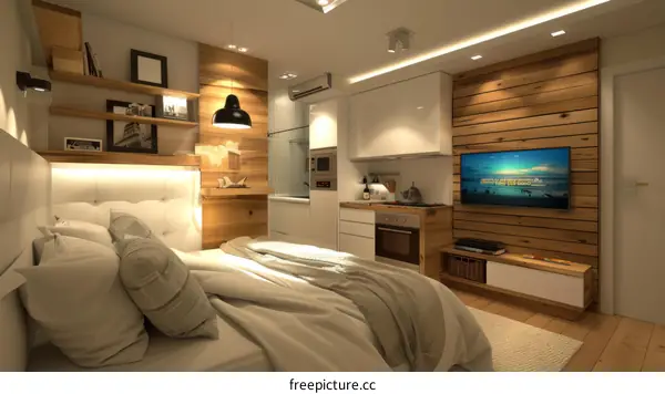 Cozy bachelor pad with woodsy accent wall