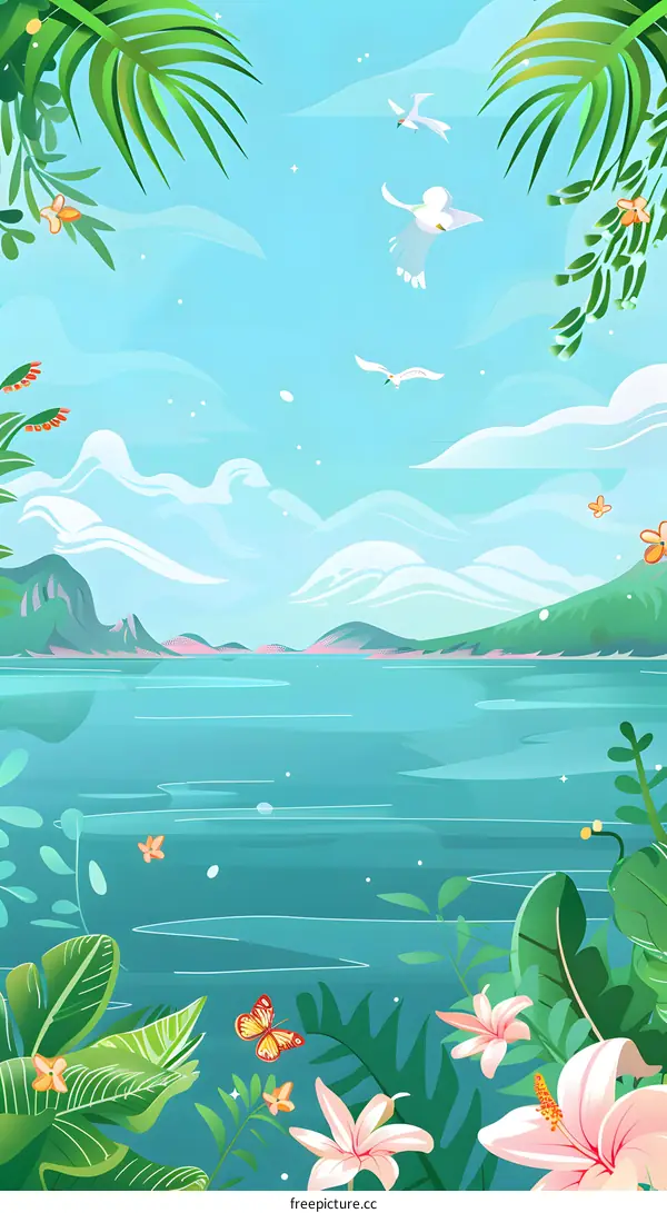 Tropical Paradise Landscape Illustration with Sea and Palm Trees