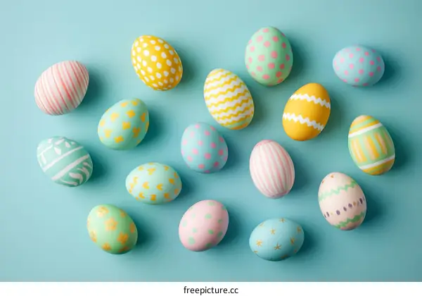 Colorful Easter Eggs on a Light Blue Background