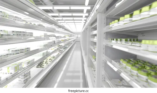 Supermarket Aisle with Refrigerated Shelves Filled with Dairy Products