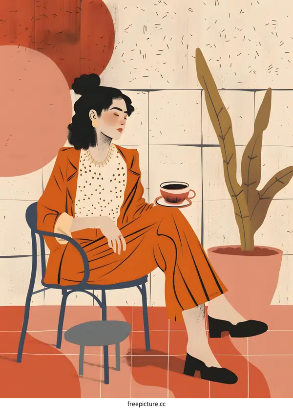 Woman Sitting in a Chair with Coffee Cup in Hand Illustration