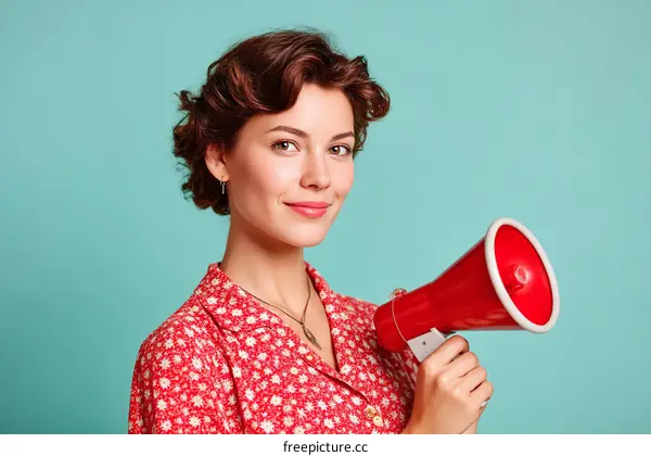 Woman Holding Megaphone Vintage Style Portrait