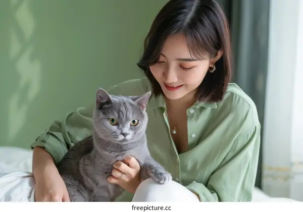 A young woman is sitting on a bed with a gray cat