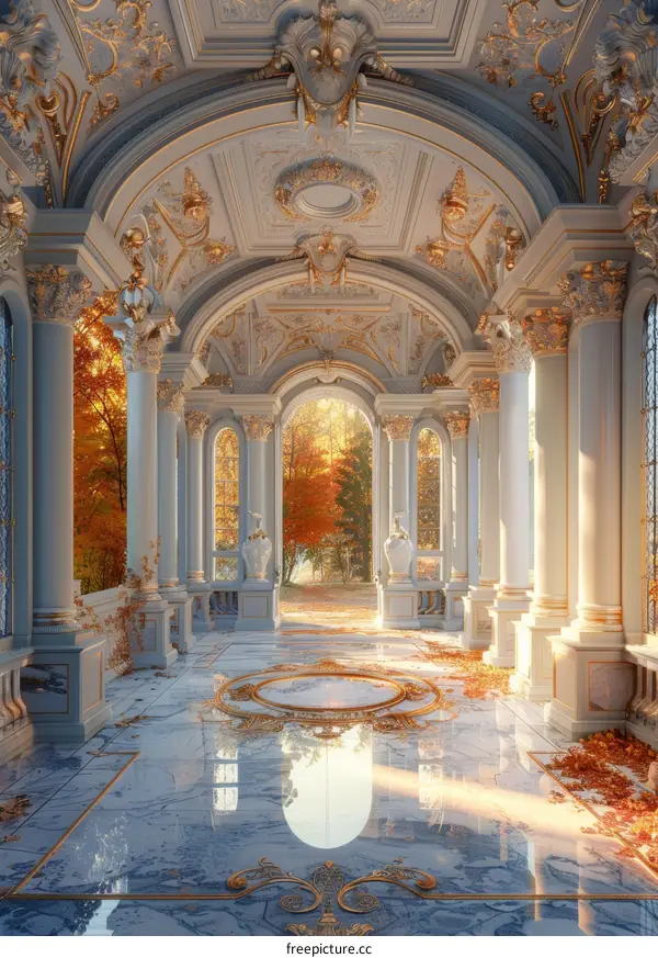 Ornate hallway with marble floor and fall foliage