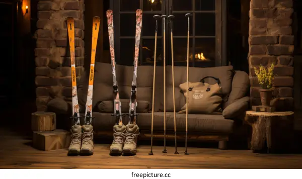 skis and ski boots in a cozy living room