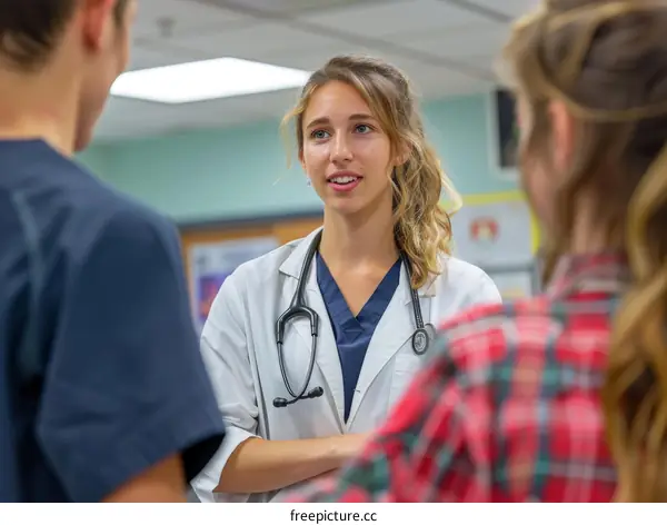 Veterinary student talking to two people