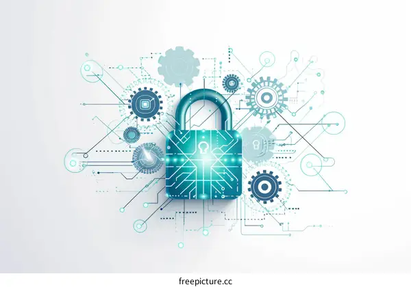 Illustration of a padlock with gears and circuit board in the background