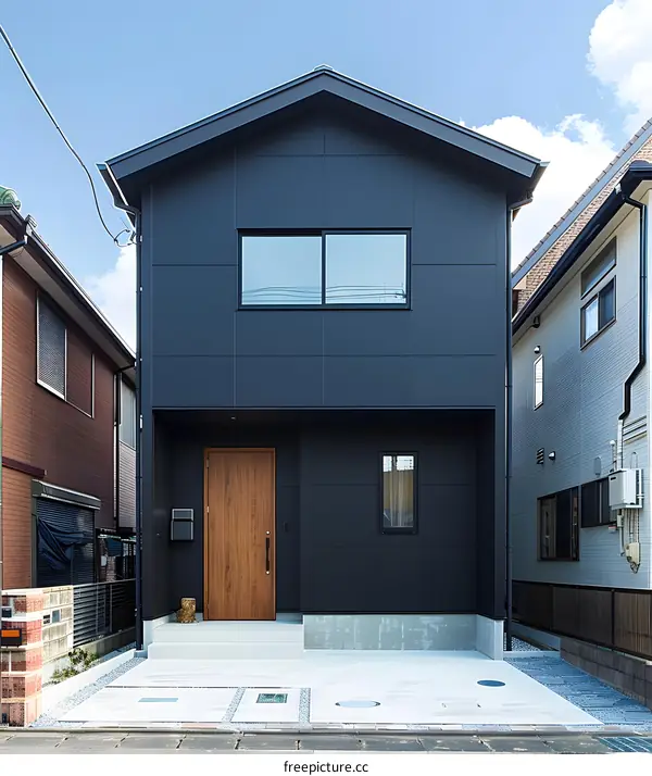 Modern Black House with Wooden Door and Windows