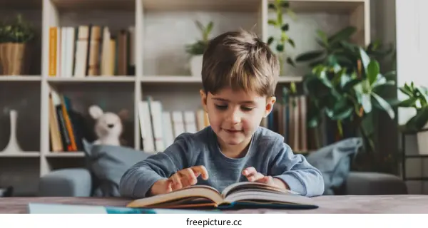 A young boy is reading a book in the library