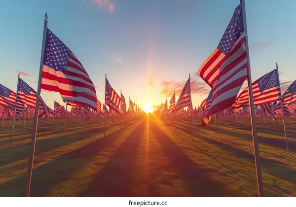 American flags blowing in the wind at sunset