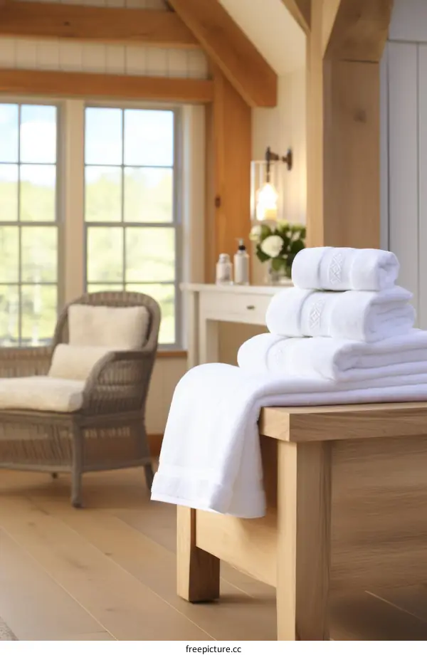 White towels on a wooden bench with a wicker chair in the background