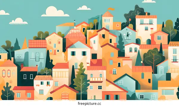 Colorful Illustration of Houses and Trees