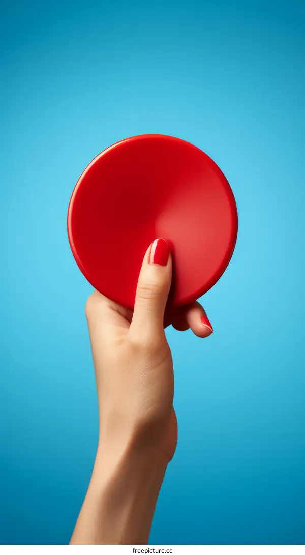 A hand holding a red puck against a blue background