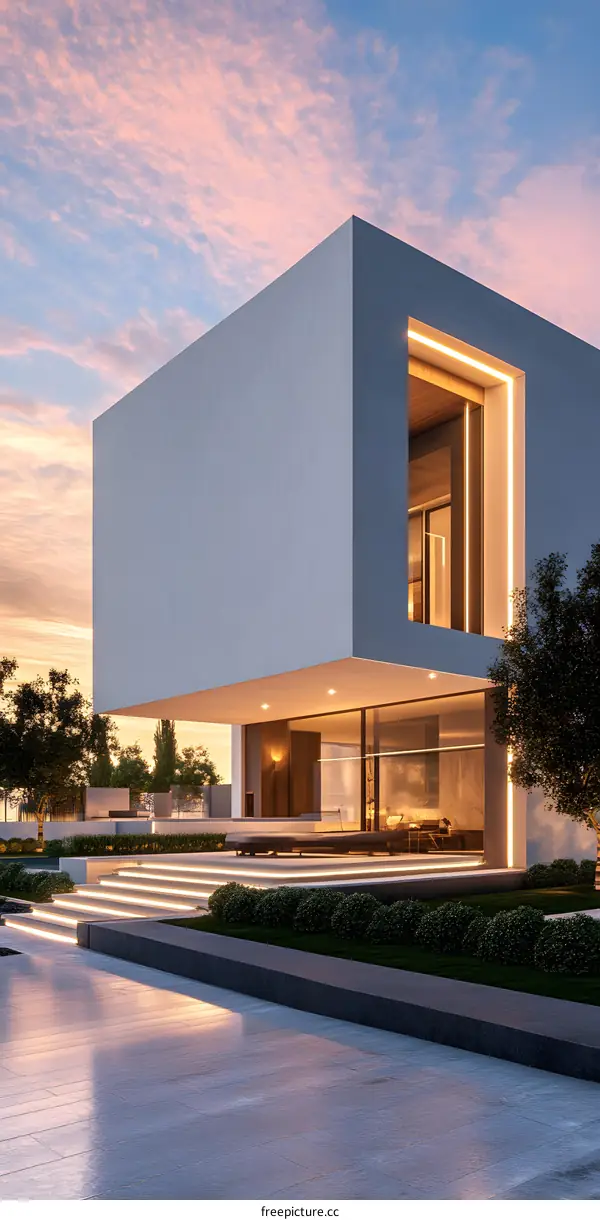 Modern Minimalist House Design With Large Windows And A Backyard