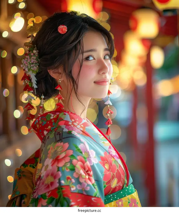 Portrait of a beautiful Japanese woman in traditional kimono smiling