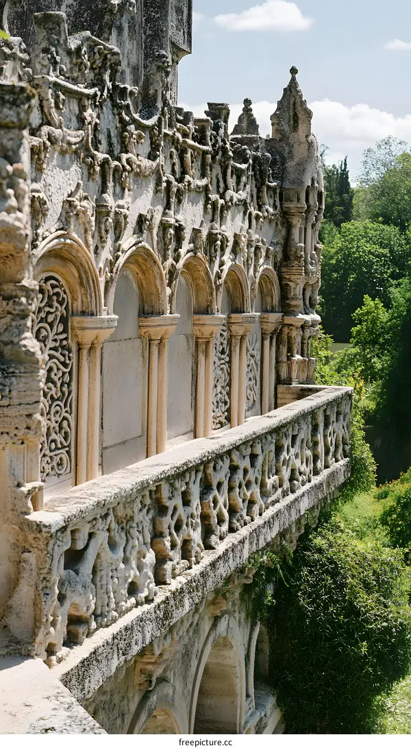 Ornate Stone Balcony with Intricate Carvings on a Medieval Castle Wall