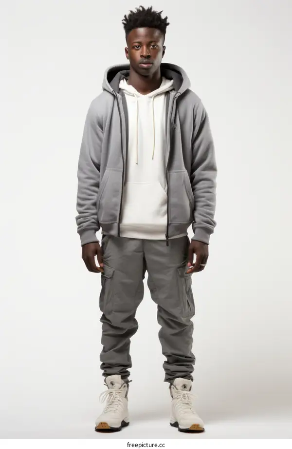 A man wearing a gray zip-up hoodie and gray cargo pants.