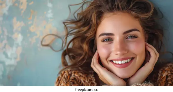 Smiling Woman with Long Curly Hair in Knitted Sweater