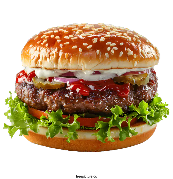 [Transparent Background PNG]yummy beef burger with fresh vegetables
